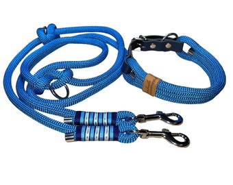Leash Collar Set, Tau 10 mm, adjustable, medium blue, dark blue, light blue, silver, with leather and buckle