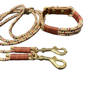 Leine Halsband Set aus Tau, verstellbar, beige, rot, schwarz, weiß, mit Leder und Schnalle