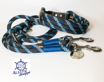 Leash choker set noble dew adjustable dark grey, teal, light blue, with leather and buckle