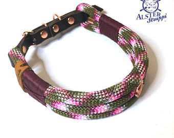 Hundehalsband verstellbar oliv beere bordeaux mit Pfote rosegold ab 58 Euro