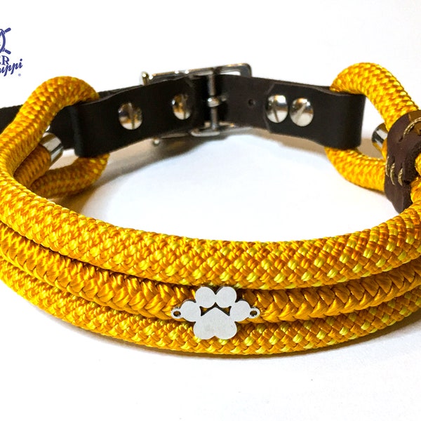 Halsband Tauhalsband für Hunde, Länge nach Wunsch, verstellbar Tau mit Leder, Kletterseil, gelb orange