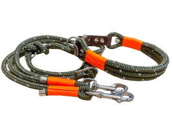Dog leash and collar set, both adjustable, olive reflective, neon orange, 8 or 10 mm thick, hunting colors