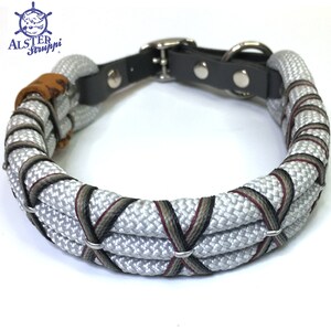 Dog collar adjustable silver grey fishing net look with leather and buckle