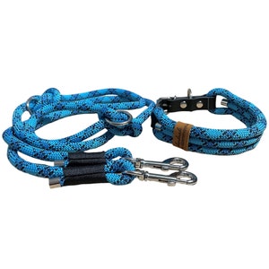Leine Halsband Set, Tau 10 mm, verstellbar, blau, schwarz, silber, mit Leder und Schnalle