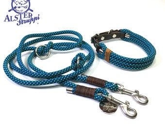 Leine Halsband Set edles Tau verstellbar blaugrün, neongelb, Edelstahl, mit Leder und Schnalle