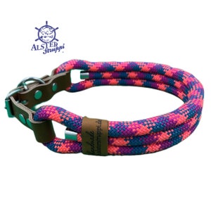 Hundehalsband, verstellbar, Petrol, Dunkel Pink, Koralle, Leder cognac und Schnalle