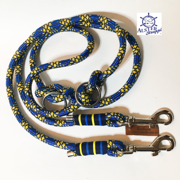 Dog leash adjustable / tauleine maritim dark blue medium blue yellow approx. 200 cm adjustable, brand AlsterStruppi, classy and high quality