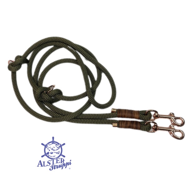 Dog leash adjustable, rope, olive, brown, desired length, adjustable, brand AlsterStruppi, high quality from 44 Euro