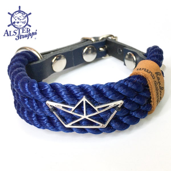 Hundehalsband Tauhalsband blau mit Charming Boot Marke AlsterStruppi, Leder verstellbar sehr edel, hochwertig ab 54 Euro