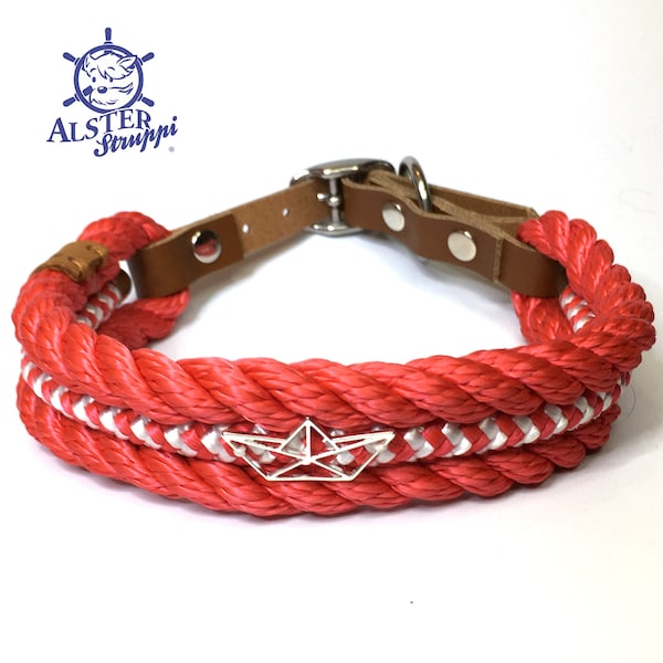 Hundehalsband Tauhalsband rot weiß mit Charming Boot Marke AlsterStruppi, Leder verstellbar sehr edel, hochwertig ab 54 Euro