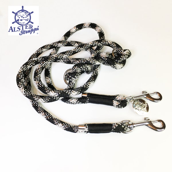 Dog leash adjustable / rope black white silver approx. 200 cm adjustable, brand AlsterStruppi, noble and high quality