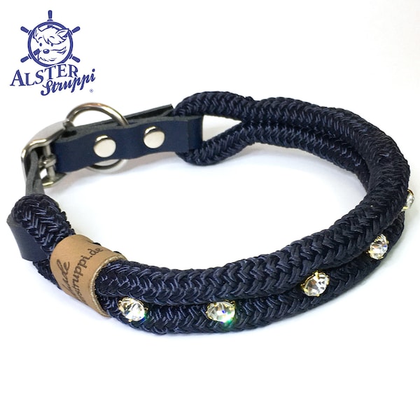 Dog collar dew collar blue silver with rhinestones brand AlsterStruppi leather adjustable very noble, high quality