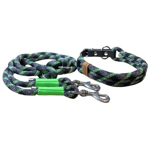 Leine Halsband Set, Tau 10 mm, verstellbar, schwarz, grau, neongrün, mit Leder und Schnalle