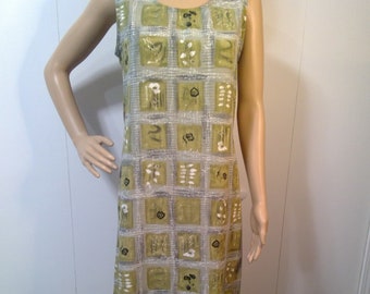 90s Vintage Hawaiian Maxi Green Print Shift Dress with Tie Backs from Royal Creations Size 10