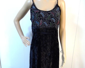 Retro Sacred Threads Crushed Velvet Maxi Dress NWT Embroidery Threading Green Red & Blue Sections Size S/M