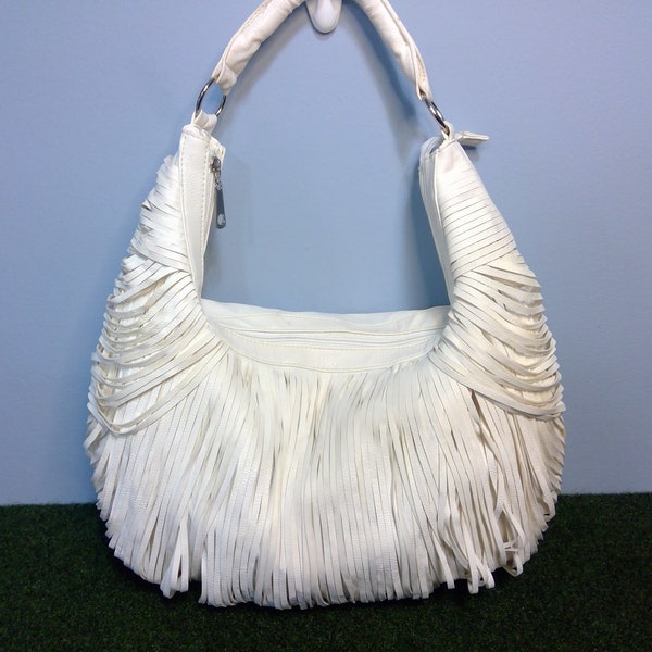 Beautiful Large White Fringe Sling Boho Shoulder Handbag/Purse from LOLA-This Bag Shape is the rage this season, then there is the Fringe!!