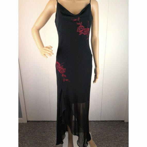 90s Vintage Alyn Paige Black Bodycon Hilow Maxi Dress Red
