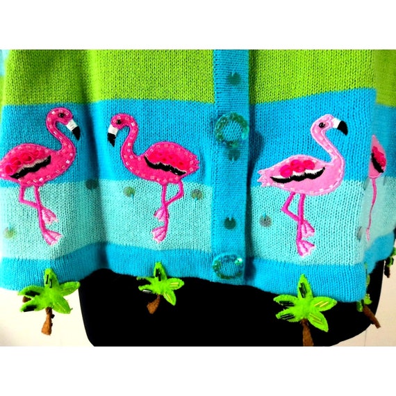 80s Vintage Novelty Flamingo Palm Tree Cardigan S… - image 2