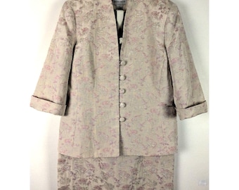 80s Vintage Jaclyn Smith Muted Pink & Silver Grey Brocade Skirt Suit Size 10