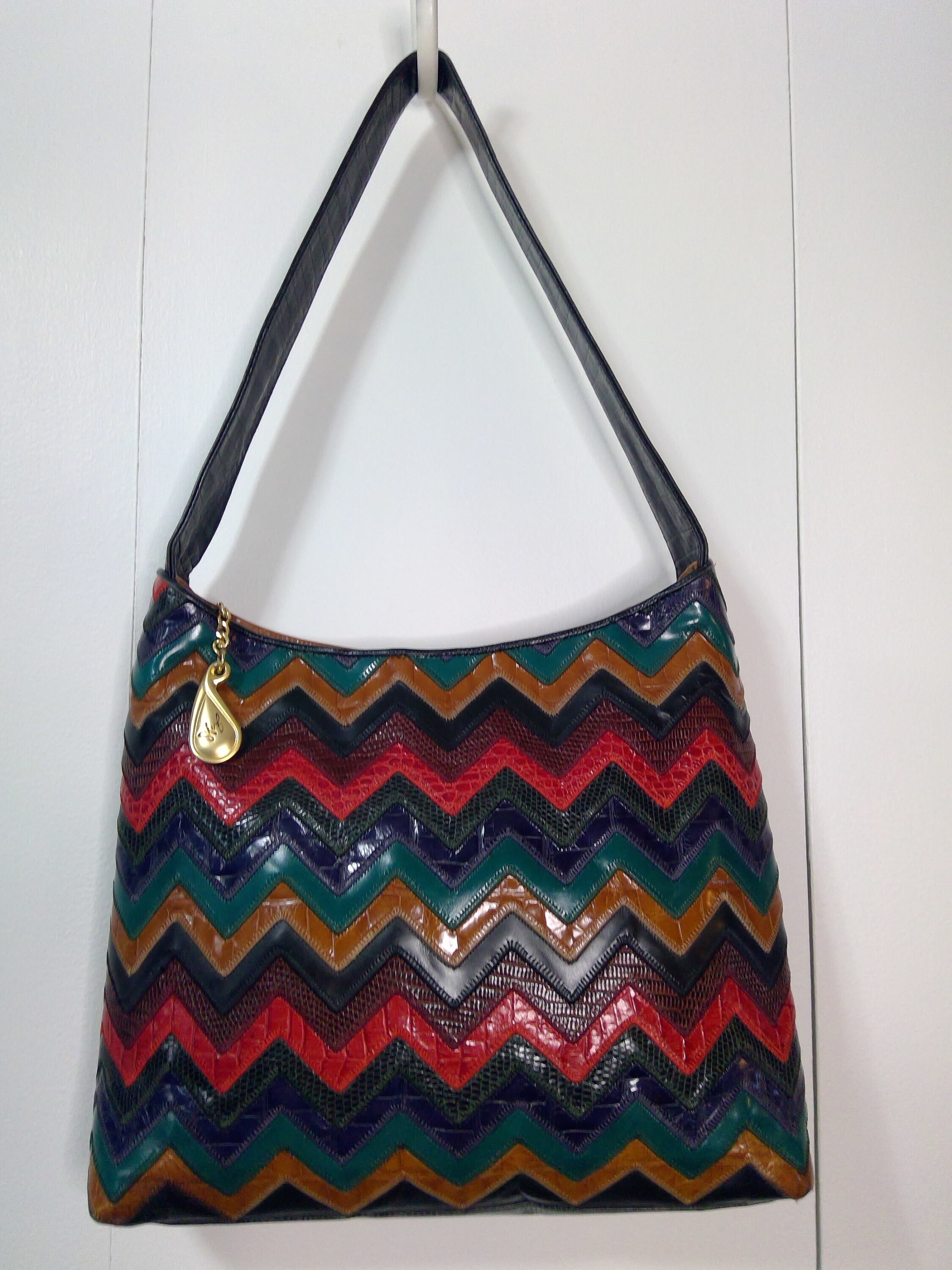 Vintage Sharif 1980s pastel color block croc bag SHARIF Signature Bag, Elegant Blue & Green Textured Golden  main image 4