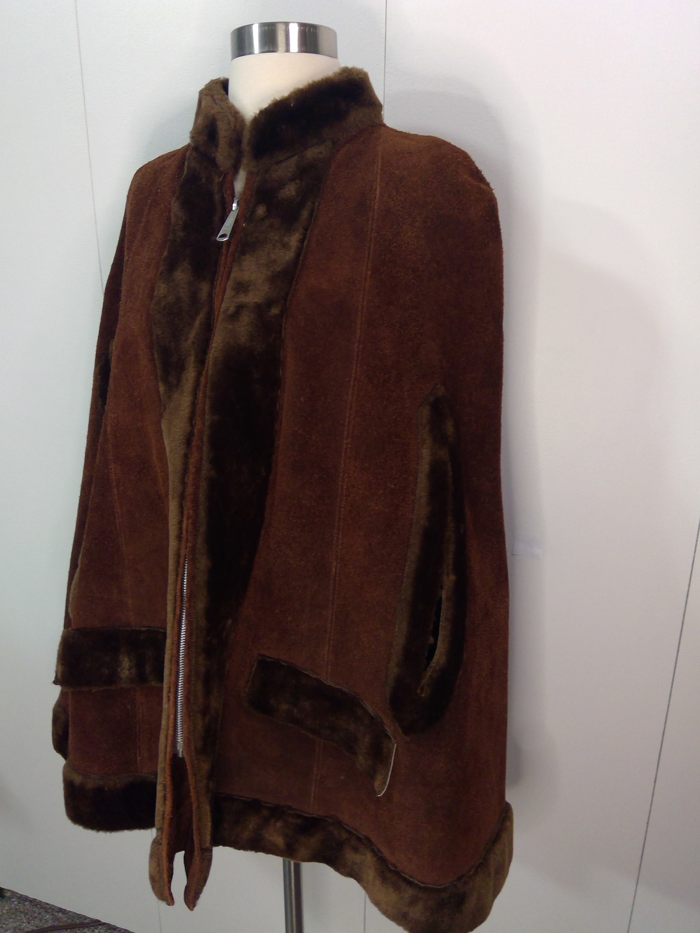 60's Chocolate Brown Suede Leather and Faux Fur Trim Cape