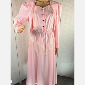80s Vintage Lilia Smitty Baby Pink Rockabilly Rodeo Western Fringe Dress 9/10