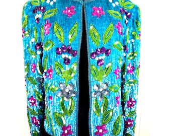 80s Vintage Mary McFadden 100% Silk & Sequin Floral Jacket NWT Size L