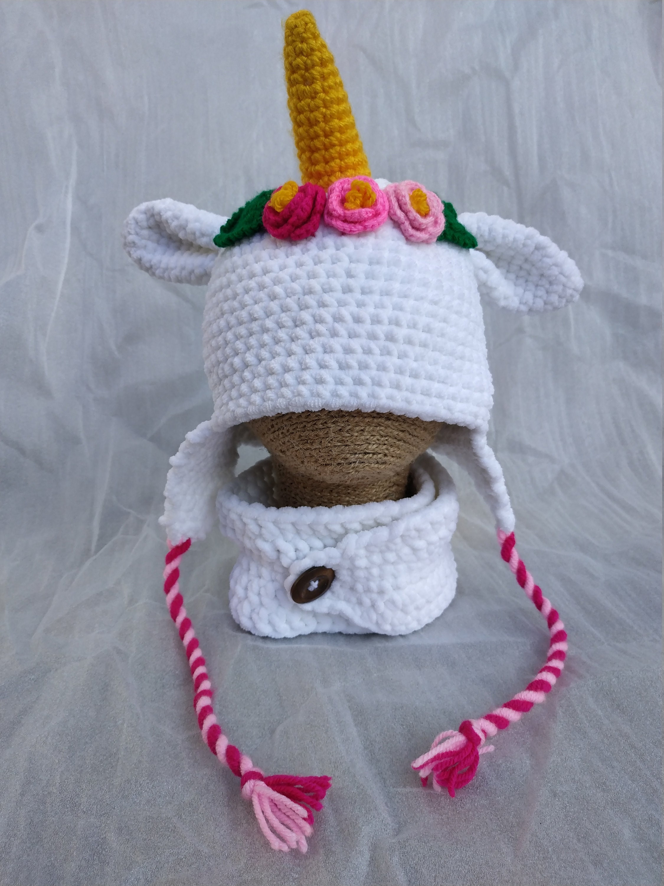 Unicorn hat kids roses newborn hat flower white crochet animal toddler baby girl cute ear flap winter warm