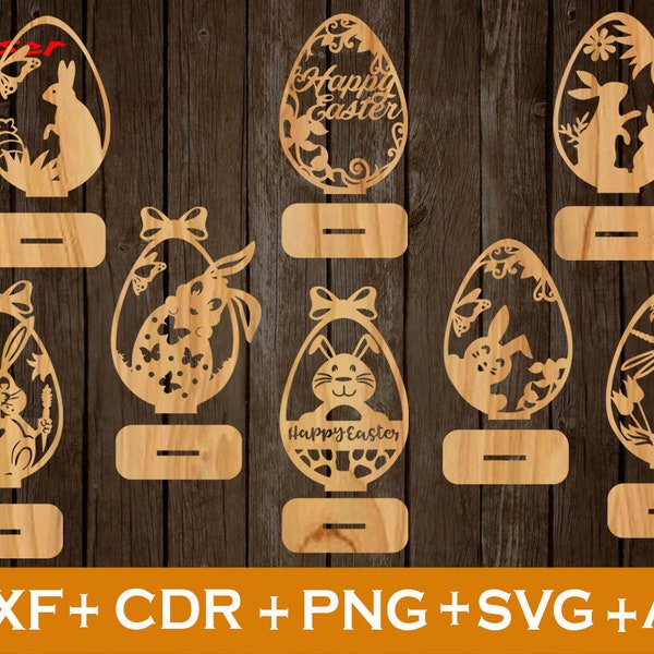 Set of 8 Easter Laser Cut svg file, Easter svg with support, Bunny Easter svg, Easter SVG, Easter Ornaments SVG, Bunny Laser Cut