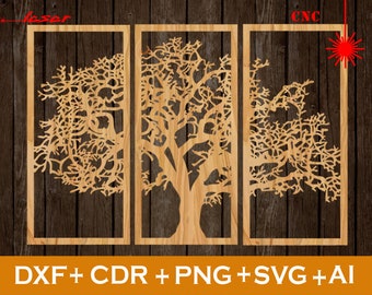 Pano Tree Laser DXF, Home Decor, Boompatronen, Tree Wall Hanging CDR, CNC-bestand, Svg, Ai, Png, Dxf, Wall Panels, Cut Templates