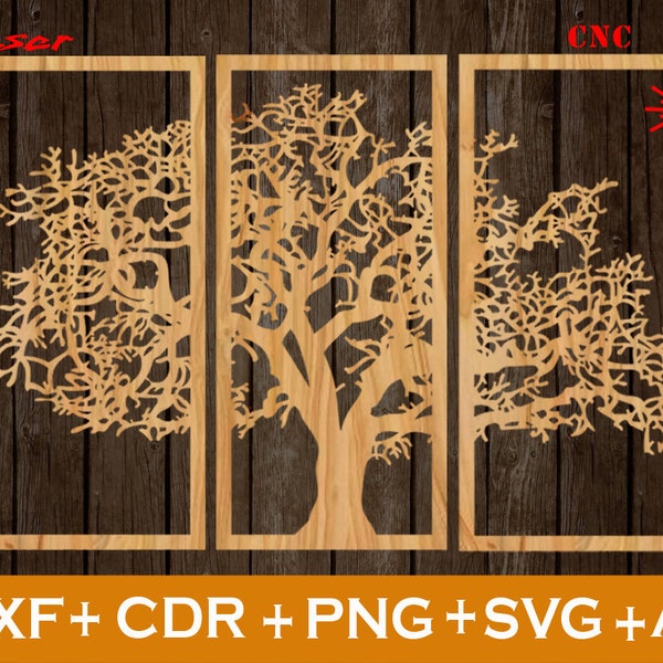 Pano Tree Laser DXF, Home Decor, Tree Patterns, Tree Wall Hanging CDR, CNC file, Svg, Ai, Png, Dxf, Wall Panels, Cut Templates