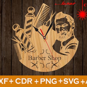 Laser cut clock Wooden clock on the wall for Barber Shop, laser cut vector wall clok template ai dxf cdr svg, cnc files for cutting