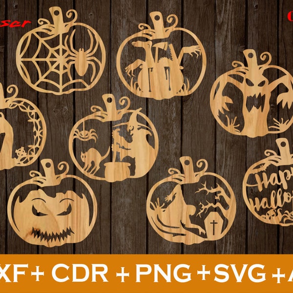 Halloween laser cut, Halloween SVG, set of 8 Halloween Laser engrave, Halloween Laser SVG, With Holes for Hanging, Halloween Home Decore