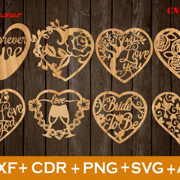 Hearts Valentines SVG, Heart Svg, Valentine Svg, Love Svg, Set de 8 coeur Svg, fichier cnc vectoriel, fichier déco découpé au laser