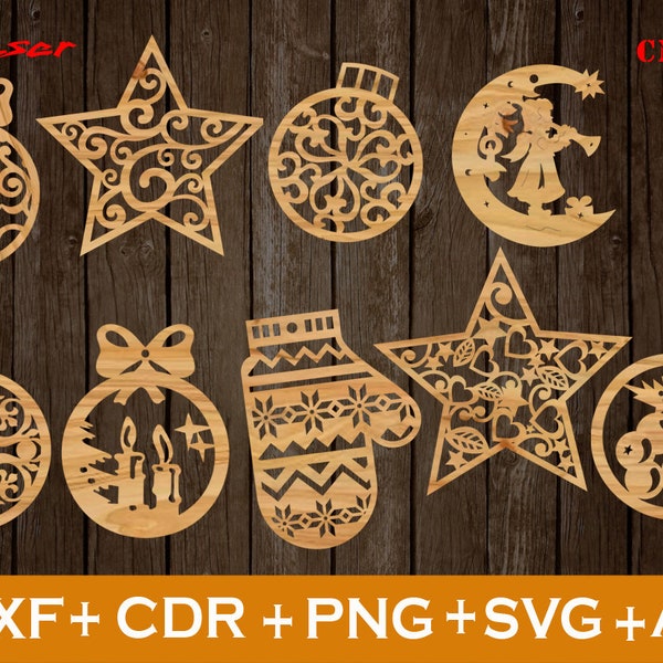 Christmas ornament svg, Set of 9 Christmas Decoration file CNC,Christmas Ornaments SVG , Vector cnc file, laser cut file deco