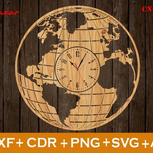 Laser cut clock Wooden clock on the wall Earth Clock, laser cut vector wall clok template ai dxf cdr svg, cnc files for cutting