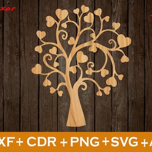 Puede incluir: Recorte de árbol de madera con hojas en forma de corazón sobre un fondo de madera oscura. El árbol tiene un tronco y ramas con hojas en forma de corazón. La imagen incluye el texto "DXF + CDR + PNG + SVG + AI".