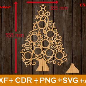 Puede incluir: Un soporte de adornos de &aacute;rbol de Navidad de madera cortado con l&aacute;ser con un dise&ntilde;o decorativo. El &aacute;rbol mide 38,5 cm de alto y 34,5 cm de ancho. El soporte tiene 12 aberturas circulares para los adornos.  DXF+CDR+PNG+SVG+AI