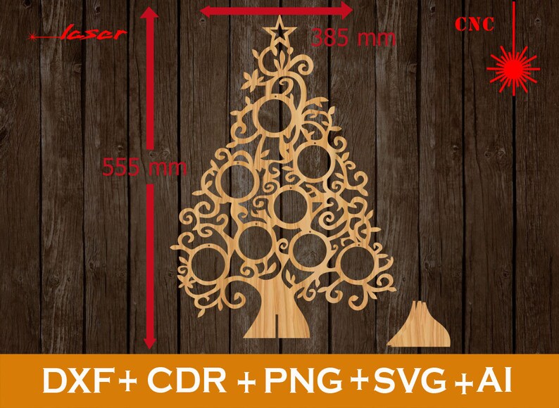 Puede incluir: Un soporte de adornos de &aacute;rbol de Navidad de madera cortado con l&aacute;ser con un dise&ntilde;o decorativo. El &aacute;rbol mide 38,5 cm de alto y 34,5 cm de ancho. El soporte tiene 12 aberturas circulares para los adornos.  DXF+CDR+PNG+SVG+AI