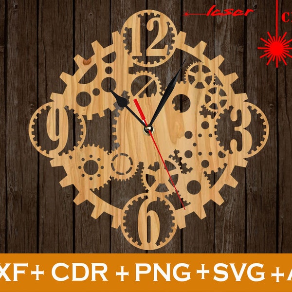 Laser cut clock, Wooden clock on the wall, laser cut vector wall clok template ai dxf cdr svg, cnc files for cutting, vectorial file, cnc