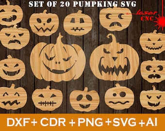 Halloween SVG, Zestaw 20 dyni, Plik laserowy Halloween, Plik do grawerowania laserowego Halloween, Halloween Laser SVG, Dekoracja domu na Halloween