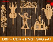 Halloween Cake Topper SVG, Set of 6 Halloween stake, Halloween stake SVG, Laser engrave, Halloween Topper SVG, Halloween Garden Decore