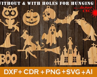 Taglio laser di Halloween, Halloween SVG, set di 11 incisioni laser di Halloween, Halloween Laser SVG, con fori per appendere, Halloween Home Decore