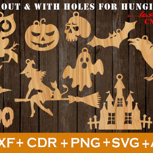 Halloween Laser geschnitten, Halloween SVG, Set von 11 Halloween Laser gravieren, Halloween Laser SVG, mit Löchern zum Aufhängen, Halloween Home Decore