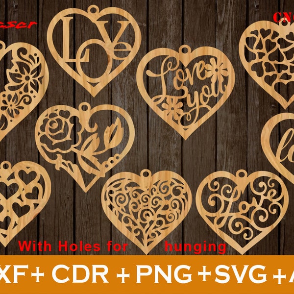 Hearts Valentines SVG, Heart Svg, Valentine Svg, Love Svg, Set de 9 coeur Svg, fichier déco découpé au laser, avec trous de suspension