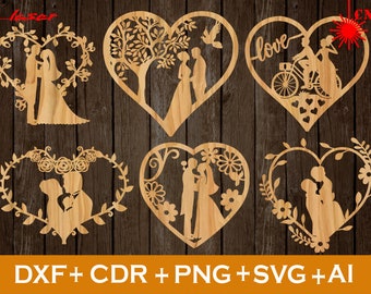 May include: Five laser cut wooden heart designs featuring a couple, a tree, a bicycle, and floral accents. The designs are perfect for wedding decorations, gifts, or home decor.