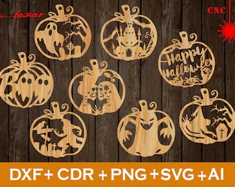Set of 8 Halloween Laser engrave, Halloween SVG, Halloween laser cut,   Halloween Laser SVG, With Holes for Hanging, Halloween Home Decor