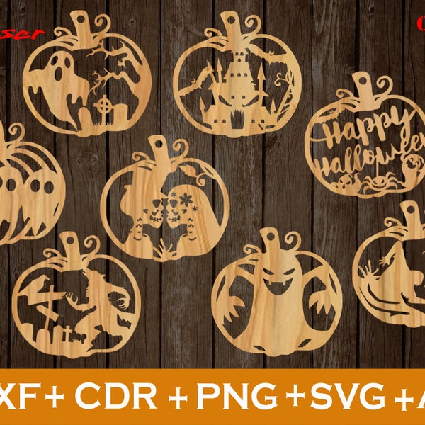 Set of 8 Halloween Laser engrave, Halloween SVG, Halloween laser cut,   Halloween Laser SVG, With Holes for Hanging, Halloween Home Decor