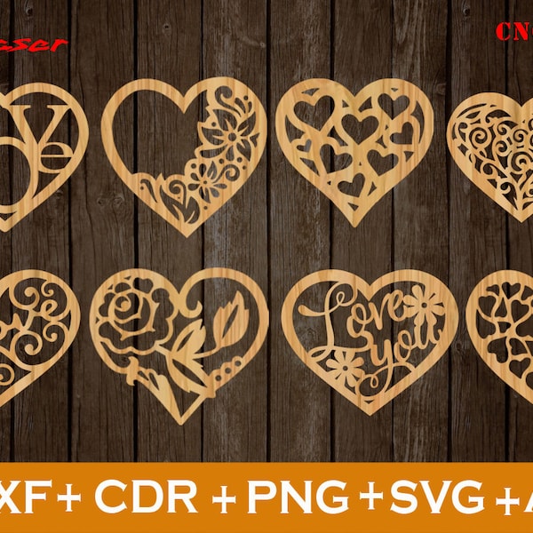 Hearts Valentines SVG, Heart Svg, Valentine Svg, Love Svg, Set de 9 coeur Svg, fichier cnc vectoriel, fichier déco découpé au laser