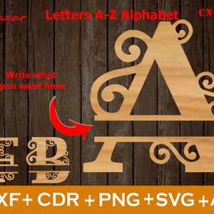 May include: A wooden cutout of the letter A with decorative swirls. The letter is designed to be used as a monogram or for a personalized sign. The image also shows the letters E, R, and Z with similar decorative swirls.